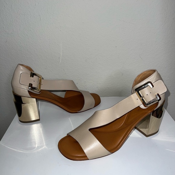 $575 Rob Clergerie Beige D'Orsay Chunky Abstract Gold Heel Pumps Shoes Sz 40.5